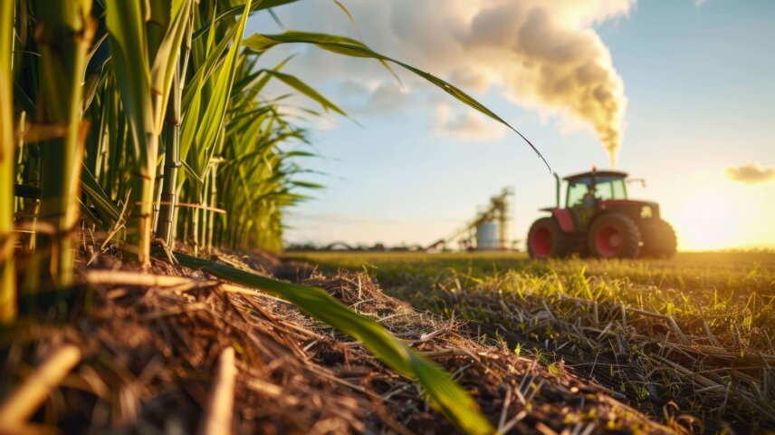 lantação de cana-de-açúcar ao pôr do sol com trator em operação e indústria ao fundo, destacando o avanço tecnológico na agroindústria.