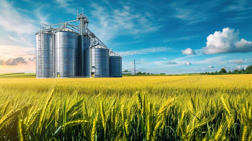 Silos de armazenamento de grãos em meio a um campo de trigo sob um céu azul, representando a modernização e eficiência na agroindústria.