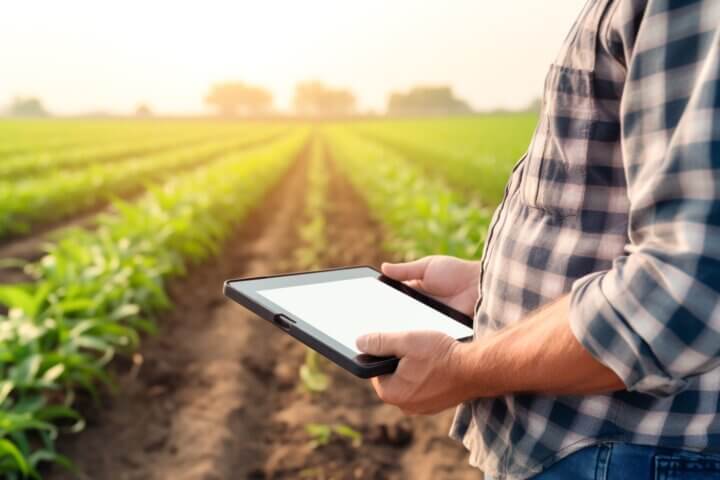 Agricultor utilizando um tablet para monitorar a produção em tempo real, exemplificando a integração de tecnologia e inovação no setor agroindustrial.