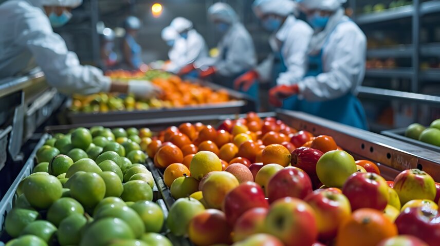 Trabalhadores realizando a seleção e classificação de frutas recém-colhidas em uma linha de processamento.