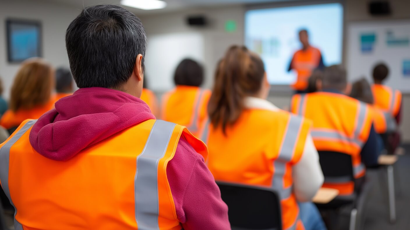Pessoas em treinamento de segurança do trabalho.
